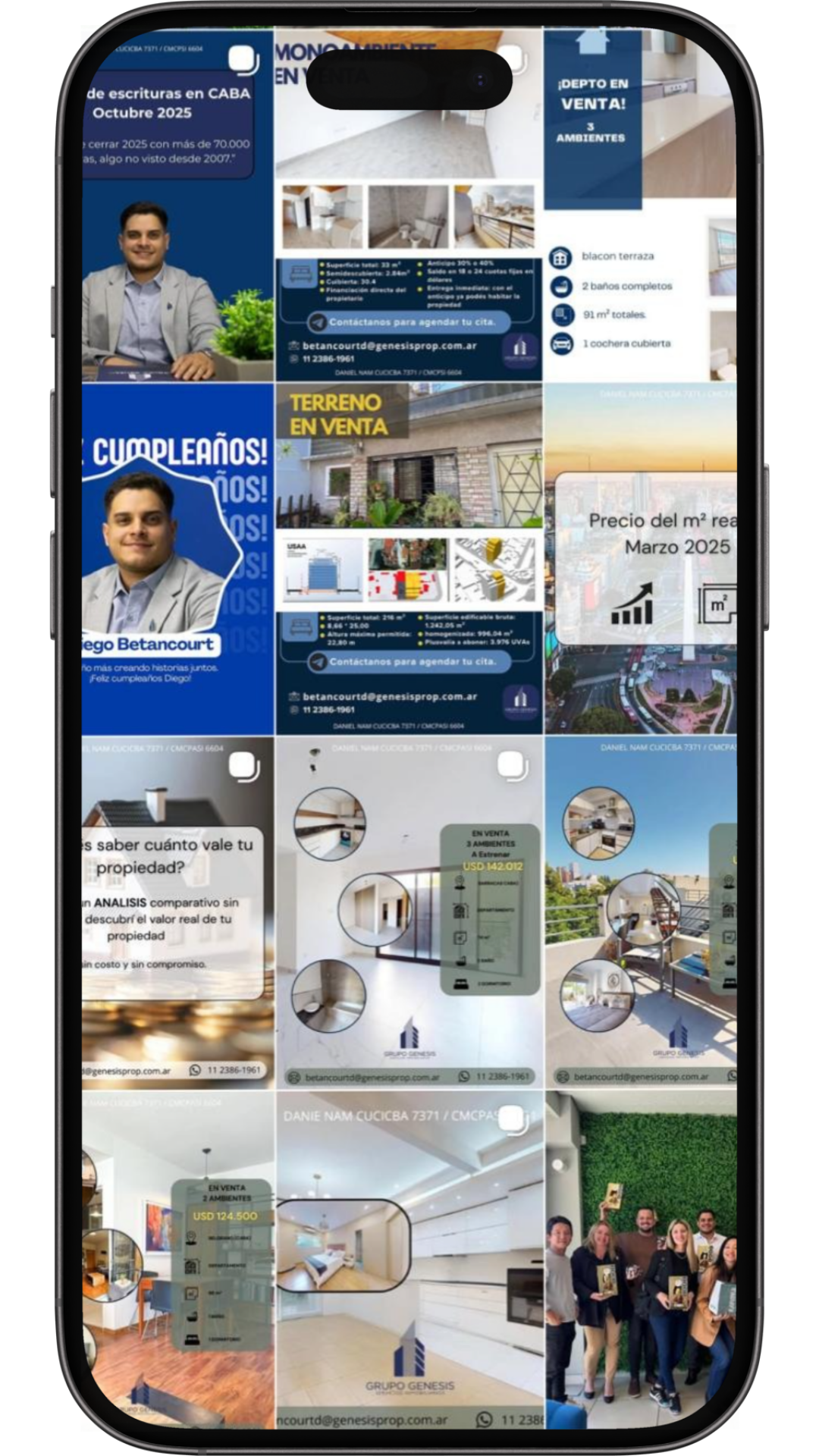 Mockup celular con publicaciones inmobiliarias de Instagram